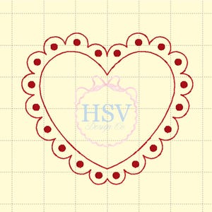 May include: A red heart-shaped design with a scalloped border and small red dots. The heart has a double outline and a light pink design in the center with the text "HSV Design Co." on a grid background.
