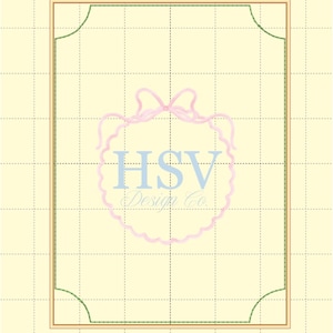 May include: A digital design featuring a light yellow background with a grid pattern. A light pink bow and decorative border surround the text "HSV Design Co." in light blue. The border is brown with green corner accents.