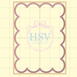 May include: A rectangular design with a scalloped edge in a muted mauve color, framed by a thin gold border. The center features the text "HSV Design Co." in light blue, within a soft pink bow-shaped emblem. The background is a light yellow grid.