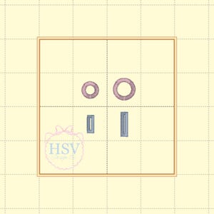 Puede incluir: Un diseño bordado con dos círculos rosas y dos rectángulos azules. El diseño está enmarcado en un cuadrado sobre un fondo amarillo claro. El logotipo "HSV Design Co" está en la esquina inferior izquierda.