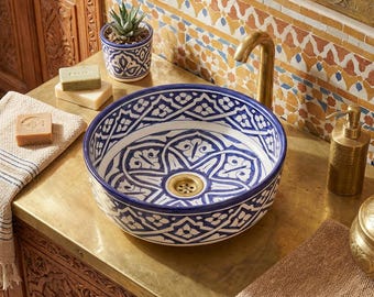 Handbemaltes marokkanisches Keramikwaschbecken, blau-weißes andalusisches Sterndesign