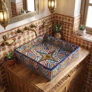 May include: A square ceramic vessel sink featuring a vibrant, multi-coloured geometric pattern in shades of blue, red, green, and yellow. The sink has a central drain and is mounted on a wooden vanity cabinet with a brass faucet and wall fixtures.