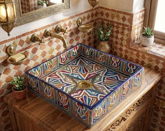 Lavabo in autentico stile moresco - Lavabo quadrato personalizzabile e realizzato a mano - Lavandino per bagno marocchino.