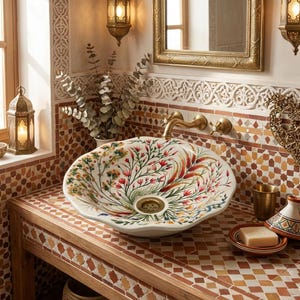 Peut inclure: Un lavabo en céramique à motifs floraux avec robinetterie en laiton, posé sur un meuble en bois avec des carreaux de mosaïque. La salle de bain présente un décor mural orné et un miroir doré. Le motif floral comprend du rouge, du vert et du jaune.