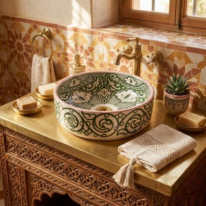Può includere: Un lavabo da bagno decorativo con un motivo floreale verde e bianco, posto su un piano d'appoggio in ottone. Il lavabo è circondato da un rubinetto in ottone, un dosatore di sapone e una piccola pianta in vaso. Un asciugamano piegato con nappe è sul bancone.