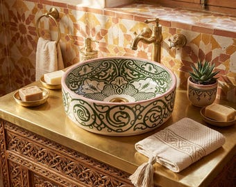 Handcrafted Pink-Rimmed Decorative Sink - Ceramic Basin