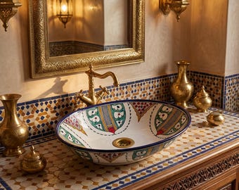 Handgefertigtes Keramikwaschbecken mit marokkanischem authentischem Design - individuelles ovales Waschbecken - Badezimmerwaschbecken.