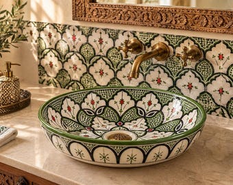 Ceramic Vessel Sink, Green Oval Hand-Painted Moroccan Basin in 4 Sizes