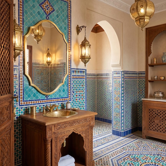 Hand-Finished Brass Mirror, Moroccan Luxury Wall Mirror, Bathroom Vanity Accent