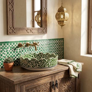 May include: A round ceramic vessel sink with a scalloped rim, featuring a green and white floral pattern. It is mounted on a wooden vanity with carved details, set against a green and white geometric tile backsplash with a brass wall-mounted faucet.