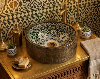 Moroccan Sink, Green Ceramic Basin with Textured Brass Exterior