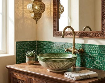 Handbemaltes grünes marokkanisches Aufsatzwaschbecken, handgefertigtes Keramik-Waschbecken für Badezimmer, kunstvolles Aufsatzwaschbecken.