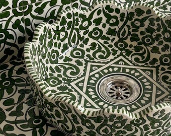 Moroccan Sink, Green Ceramic Vanity Basin with Matching Hand-Painted Tile Set