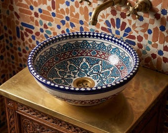 Handgefertigte marokkanische Spüle, Blau & Rot Arabeske Becken