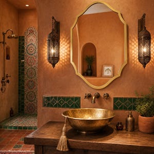 May include: A bathroom vanity featuring a hammered brass vessel sink with a decorative tassel, a gold-framed scalloped mirror, two ornate metal wall lanterns, a wooden counter, and green tiled accents against warm terracotta-colored walls.