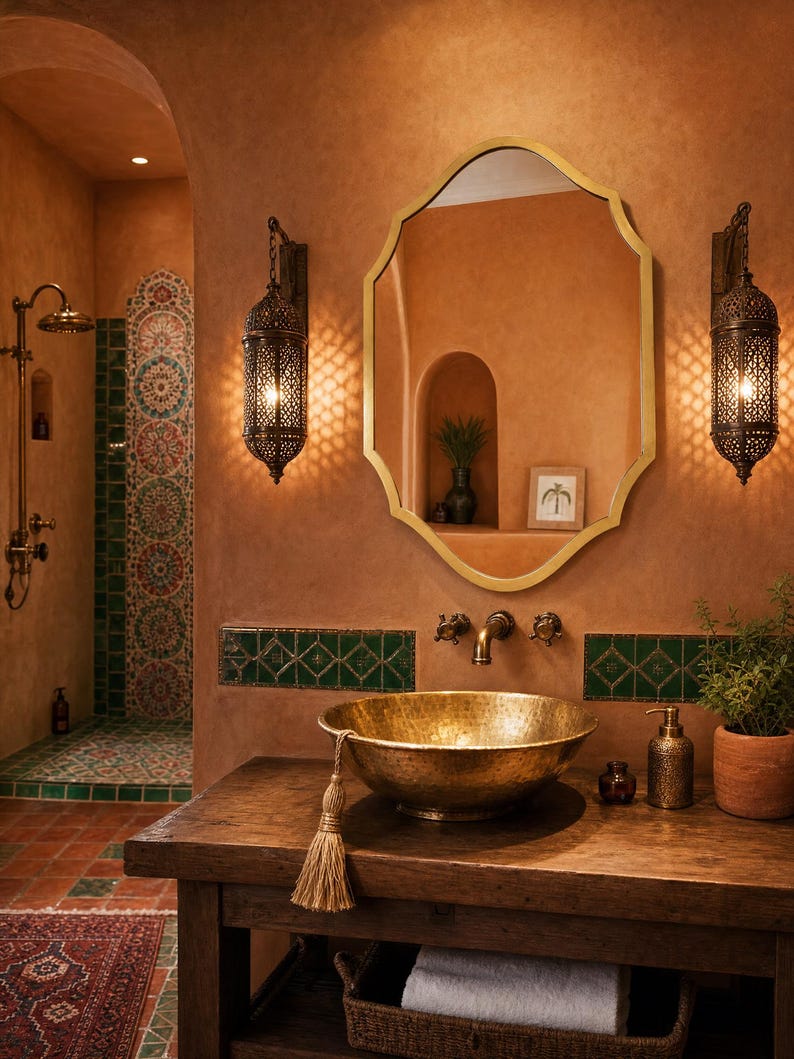 May include: A bathroom vanity featuring a hammered brass vessel sink with a decorative tassel, a gold-framed scalloped mirror, two ornate metal wall lanterns, a wooden counter, and green tiled accents against warm terracotta-colored walls.
