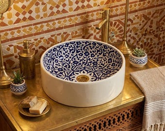 Hand-Painted Moroccan Ceramic Sink, Custom Bathroom Vessel, Artisan Washbasin Decor