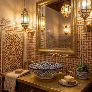 Puede incluir: Un baño con un espejo con marco dorado, azulejos de pared ornamentados y linternas colgantes. Un lavabo con estampado azul y blanco se encuentra sobre una encimera de latón. La habitación tiene un ambiente cálido, con una pequeña planta suculenta y jabones.
