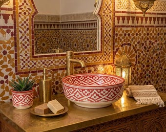 Hand-Painted Moroccan Bathroom Sink, White & Red Basin with Star Motifs