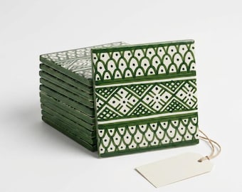 Hand Painted Tiles, Green and White Moroccan Ceramic Wall with Geometric Pattern