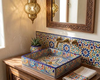 Handbeschilderde Marokkaanse vierkante waskom | Keramische wasbak geïnspireerd op de Amazigh- en Andalusische cultuur | Wastafel voor de badkamer.