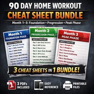 May include: A bundle of three workout cheat sheets for a 90-day home workout program. The sheets are labeled Month 1, Month 2, and Month 3, with weekly structures and exercise details. Includes printable files.