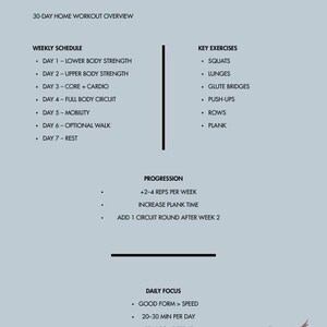 May include: A light blue workout guide titled "Month 1 - Foundation Cheat Sheet" with a 30-day home workout overview. It includes a weekly schedule, key exercises like squats and lunges, and daily focus tips. A silhouette of a person exercising is in the bottom right.