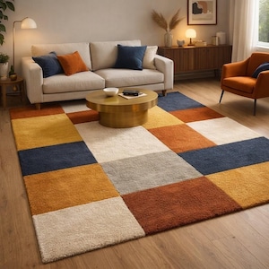 Dywan wełniany tuftowany ręcznie – nowoczesny geometryczny dywan w kratkę patchworkową