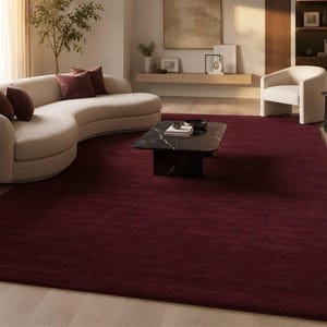 Alfombra de lana color burdeos tejida a mano, alfombra de color rojo vino liso, alfombra minimalista moderna, alfombra personalizada hecha a mano para sala de estar o dormitorio.