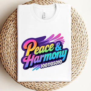 May include: White t-shirt featuring the words "Peace & Harmony" in a vibrant, multi-coloured font. The design includes a purple backdrop with pink and blue accents, and the number "1001105010". The shirt is folded on a circular woven mat.