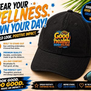 May include: A black baseball cap with the words "Good health" and a phone number embroidered on the front. The cap has a curved brim and is displayed on a wooden surface. The cap also has the text "Wear your wellness, own your day!" and other text.