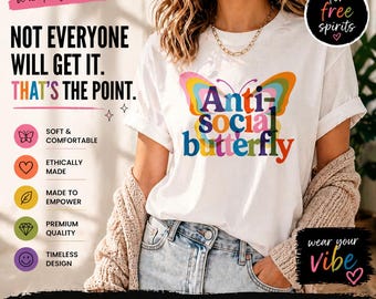 Antisoziale Schmetterling T Shirt | Introvertiertes Humor-T-Shirt, sozial ungeschicktes Shirt