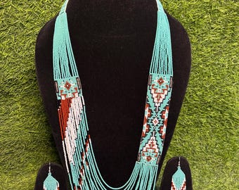 Handmade Turquoise Seed Bead Necklace Set | Boho Tribal Jewelry