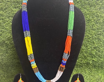 Handmade Multicolor Seed Bead Necklace Set | Boho Tribal Earrings