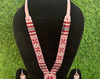 Handmade Seed Bead Fringe Necklace Set | Red White Tribal Jewelry