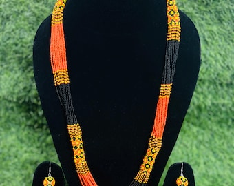 Handmade Beaded Necklace Earring Set | Black Orange Tribal Jewelry