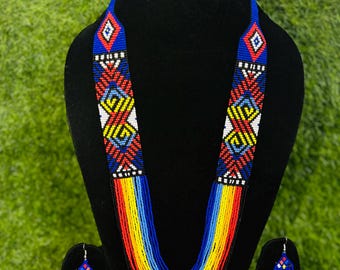 Handmade Multicolor Tribal Beaded Necklace Set with Earrings | Geometric Statement Necklace | Boho Ethnic Jewelry