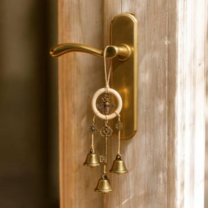 May include: A decorative door knocker with a brass finish, featuring a wooden ring with a bee charm, sun and key charms, and three small bells. The door knocker hangs from a gold-colored door handle on a wooden door.