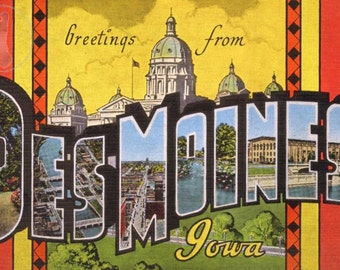 Greetings from Des Moines, Iowa Vintage Large Letter Postcard Giclee Print