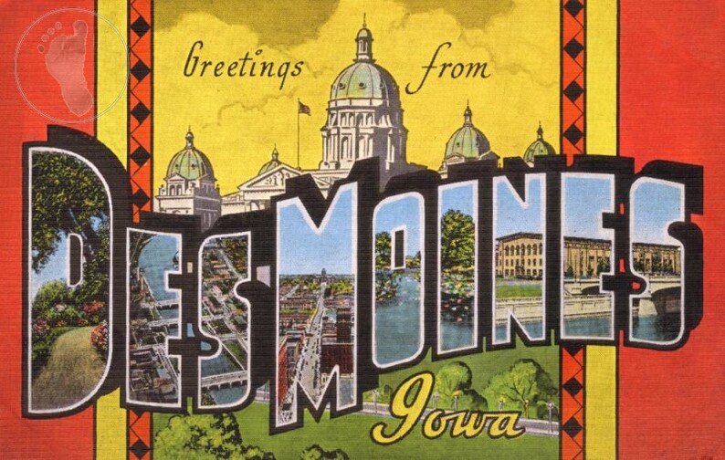 Greetings From Des Moines, Iowa Vintage Large Letter Postcard Giclee