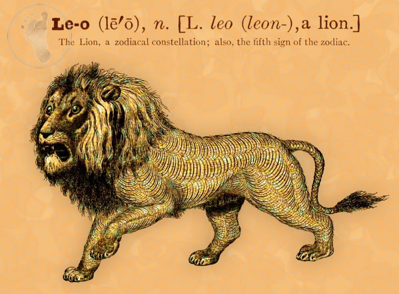 Leo, the Lion, 5th Sign of the Zodiac. July / August Birthday Gift.  Dictionary Art Meets Astrology Giclee Poster Print. 
