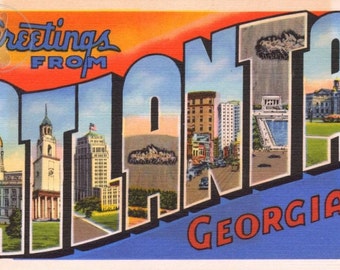 Greetings from Atlanta, Georgia Kitsch Vintage Large Letter Postcard Giclee Print, Orange and Blue