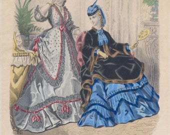 Antique Paris Ladies Fashion Plate (No 52. La Mode Illustree), Victorian Era Clothing, French, 1871, Giclee Print Reproduction