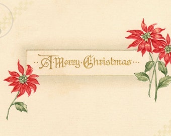 Vintage Christmas Decorating - This print comes from an antique postcard showing a Merry Christmas message and decorative poinsettias