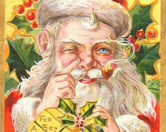 Vintage Christmas Art - Holiday print from an antique postcard showing an Old-Fashioned Santa Smoking a Pipe and Rubbing his Nose