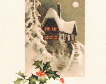Vintage Christmas Decorating - This print comes from an antique greeting card showing a snowy winter scene at Christmas time