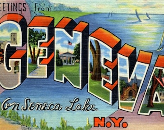 Greetings from Geneva on Seneca Lake, NY Vintage Large Letter Postcard Giclee Print