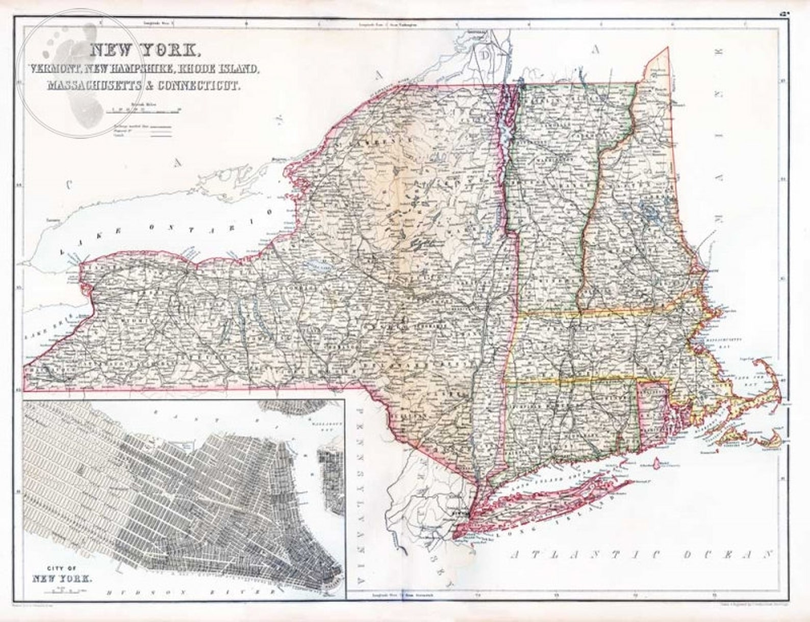 Map of New York, Vermont, New Hampshire, Rhode Island, Massachusetts 
