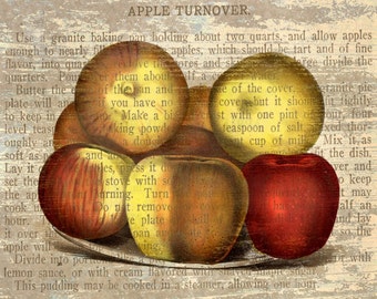 Apple Turnover, Giclee Art Print. Plate of Apples with Antique Recipe. Great for Autumn Seasonal Decorating, Thanksgiving, Halloween, Fruit.