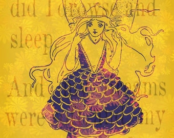 Daydream Art from a 1911 Children's Book, Purple and Yellow Gold, Marigold Fairy Giclee Print